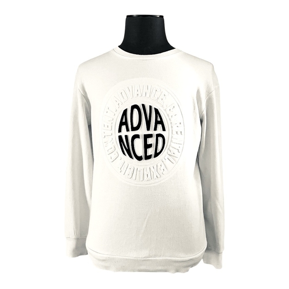 Men's Sweater White Black Embossed Print Token Front Sweatshirt Crewneck Top - Picture 1 of 4